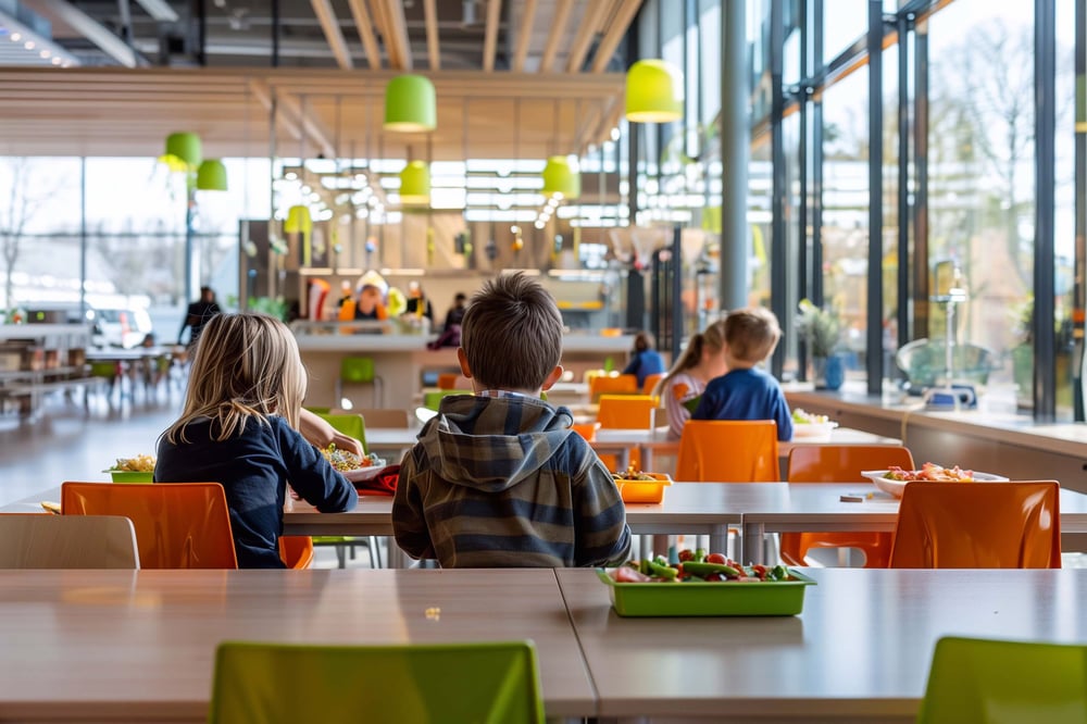 kids-sit-tables-enjoying-meals-bright-modern-canteen