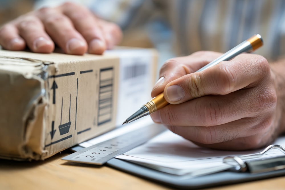 logistics-supervisor-documenting-damaged-shipping-parcel-with-ruler